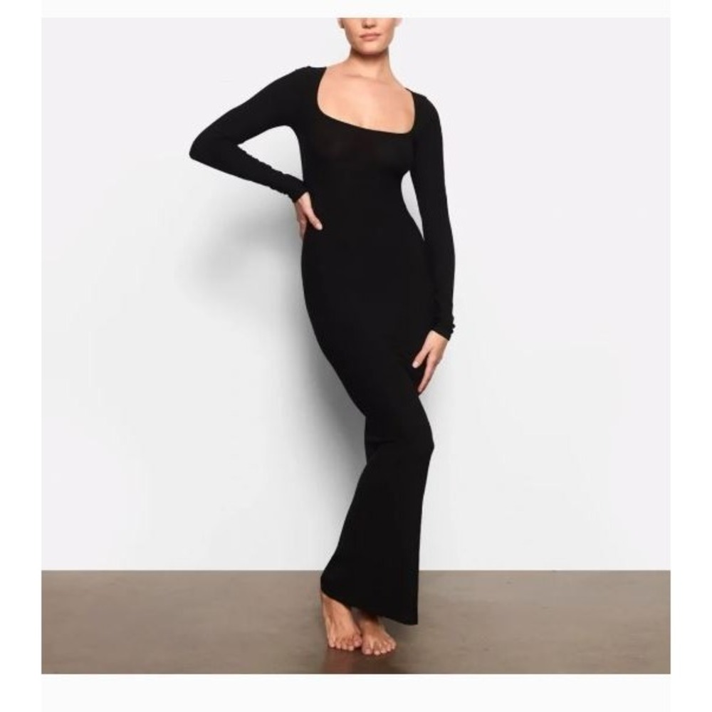 Skims Ribbed Long Sleeve Maxi Loungewear Dress Onyx Black 2X Minimal Stretch